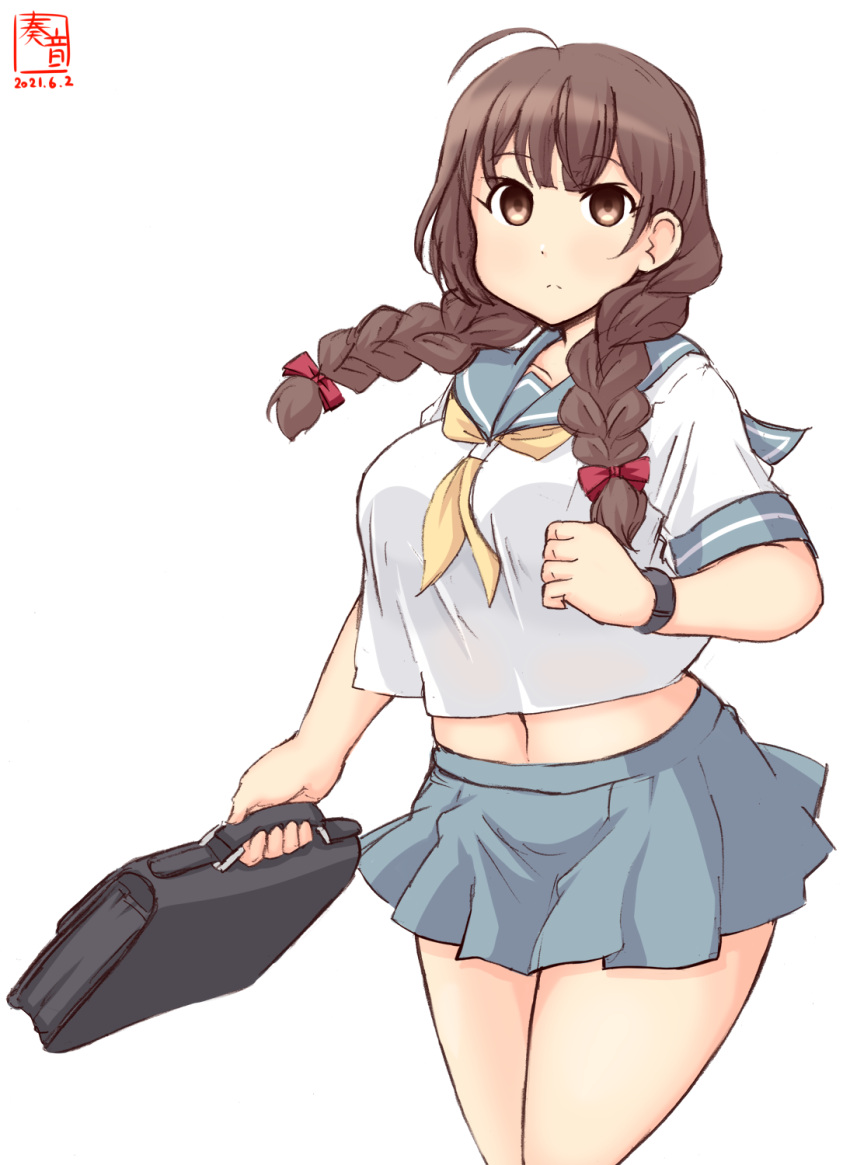 1girl ahoge alternate_costume artist_logo bag blue_sailor_collar blue_skirt braid breasts brown_hair commentary_request cowboy_shot dated highres kanon_(kurogane_knights) kantai_collection large_breasts long_hair looking_at_viewer navel neckerchief one-hour_drawing_challenge pleated_skirt sailor_collar school_bag school_uniform serafuku shinshuu_maru_(kancolle) simple_background skirt solo twin_braids watch watch white_background yellow_neckwear