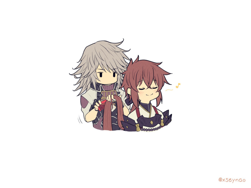 1boy 1girl armor chibi closed_eyes gloves hair_ribbon highres jin_(xenoblade) long_hair lora_(xenoblade) mochimochi_(xseynao) parted_lips pauldrons redhead ribbon short_hair shoulder_armor simple_background smile white_hair xenoblade_chronicles_(series) xenoblade_chronicles_2 xenoblade_chronicles_2:_torna_-_the_golden_country yellow_eyes