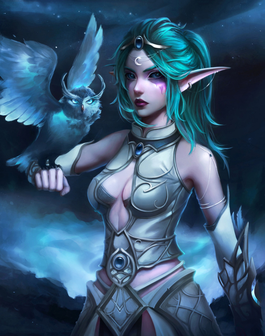 1girl absurdres alisa_nilsen armor bird blue_background blue_eyes blue_sclera boobplate breasts closed_mouth colored_sclera colored_skin cowboy_shot detached_sleeves diadem earrings elf green_hair hand_up highres jewelry lipstick long_hair looking_at_viewer makeup medium_breasts night_elf owl parted_lips pelvic_curtain pink_skin pointy_ears ponytail purple_lips solo standing tyrande_whisperwind warcraft world_of_warcraft