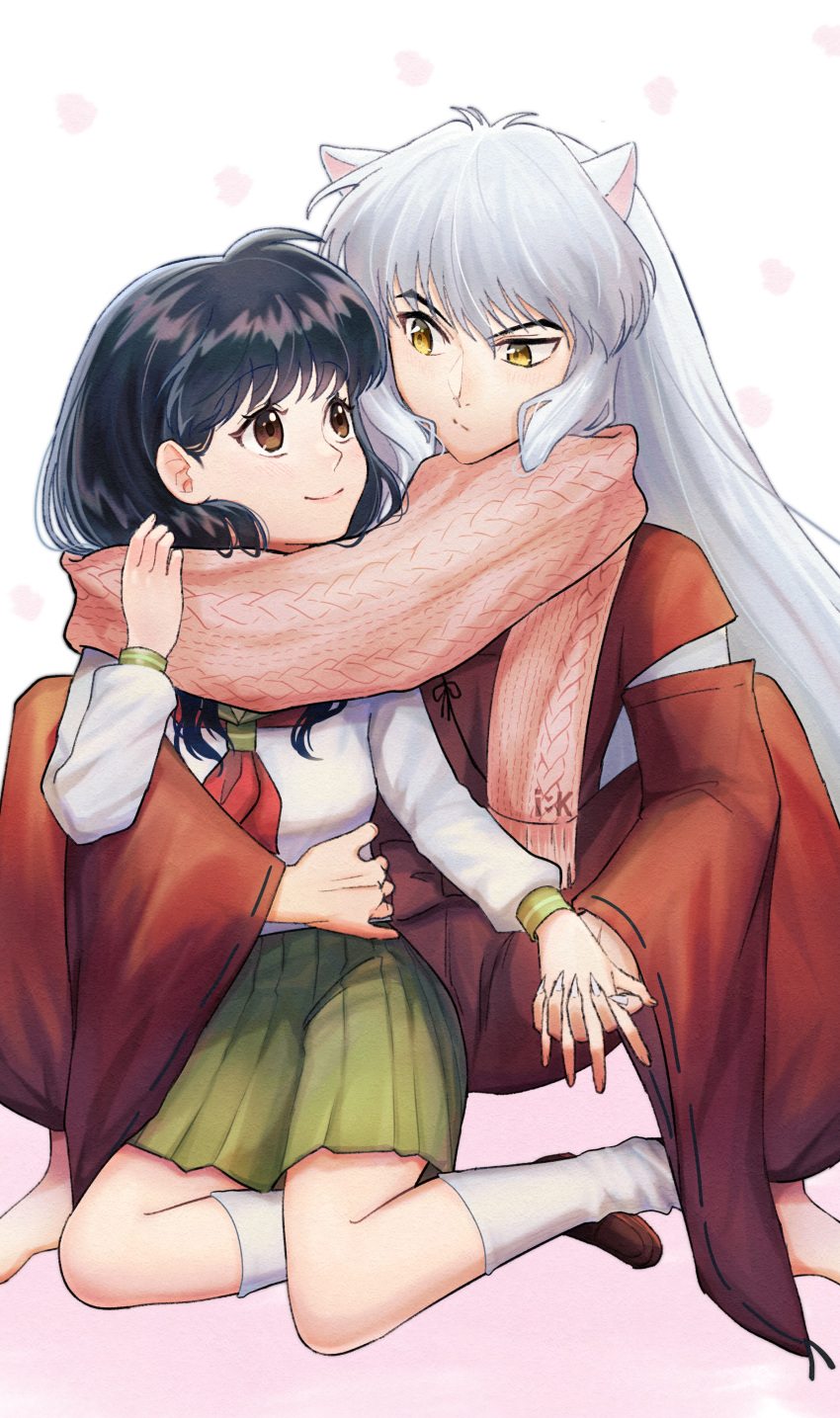 1boy 1girl absurdres animal_ears barefoot black_hair brown_eyes brown_footwear collared_shirt couple eye_contact fox_ears green_skirt hetero highres higurashi_kagome holding_hands index_finger_raised inuyasha inuyasha_(character) japanese_clothes kimono kneehighs loafers long_hair long_sleeves looking_at_another miniskirt neckerchief pink_scarf pleated_skirt popehe red_kimono red_neckwear sailor_collar sailor_shirt scarf school_uniform serafuku shared_scarf shiny shiny_hair shirt shoes silver_hair simple_background skirt very_long_hair white_background white_legwear white_shirt yellow_eyes