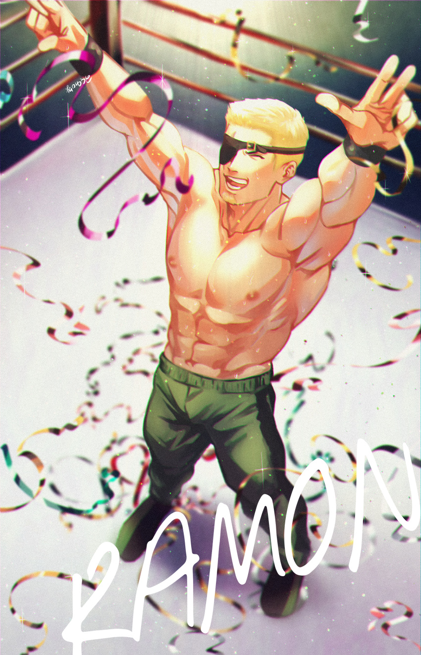 1boy abs absurdres arms_up bare_pectorals bare_shoulders biceps blonde_hair character_name confetti eyepatch facial_hair goatee green_footwear green_pants highres huge_filesize jewelry luchador male_focus mexican muscular pants pectorals ramon_(kof) ring sokytk2 the_king_of_fighters wristband