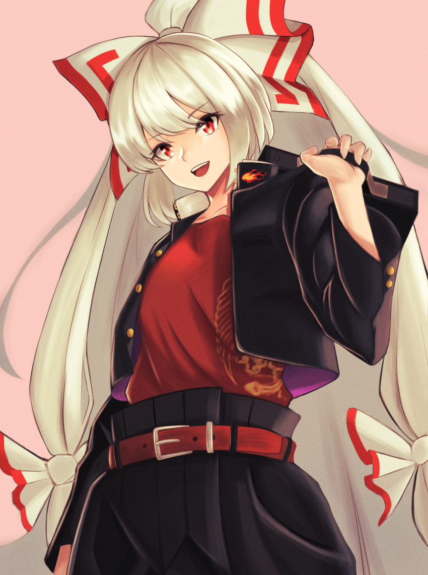 1girl :d absurdres bag bangs belt belt_buckle black_jacket black_pants bow buckle collarbone equality_taira eyebrows_visible_through_hair fujiwara_no_mokou hair_bow highres holding huge_filesize jacket long_hair long_sleeves open_clothes open_jacket open_mouth pants pink_background print_shirt red_belt red_eyes red_shirt school_bag shirt silver_hair simple_background smile solo standing touhou touhou_lost_word very_long_hair white_bow