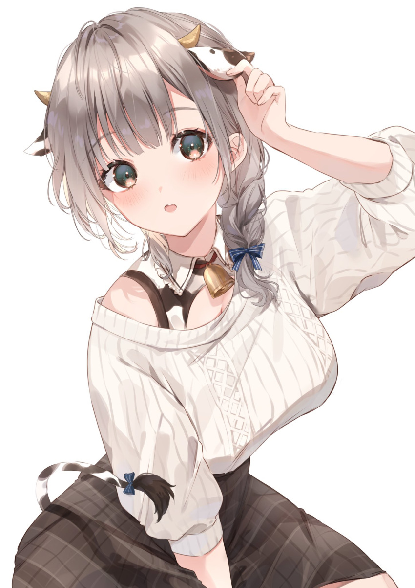 1girl :o animal_ears animal_print arm_up bangs bell black_skirt blue_bow blunt_bangs blush bow breasts brown_eyes cow_ears cow_girl cow_horns cow_print cow_tail extra_ears eyebrows_visible_through_hair hand_on_ear harui_(hr_x9_) highres hololive horns large_breasts long_sleeves looking_at_viewer medium_skirt neck_bell off-shoulder_sweater off_shoulder open_mouth plaid plaid_skirt shirogane_noel simple_background sitting skirt solo sweater tail tail_bow tail_ornament virtual_youtuber white_background white_sweater
