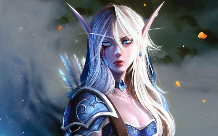 1girl alisa_nilsen armor arrow_(projectile) blonde_hair blue_choker blue_eyes choker closed_mouth earrings elf facial_mark hair_between_eyes highres jewelry long_pointy_ears looking_to_the_side night_elf pauldrons pointy_ears quiver shoulder_armor sideways_glance solo sylvanas_windrunner upper_body warcraft warcraft_3