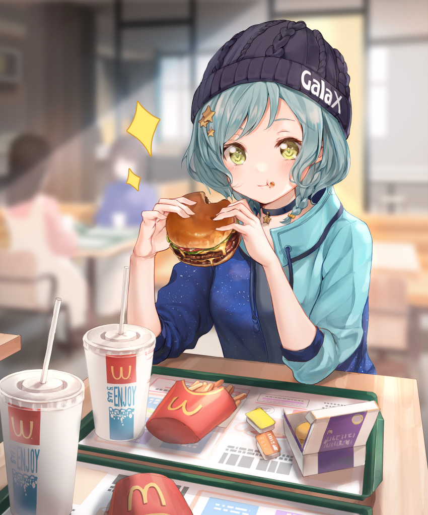 3girls absurdres aqua_hair aqua_jacket bang_dream! beanie blue_jacket blue_shirt blurry blurry_background brand_name_imitation burger chair chicken_nuggets closed_mouth commentary_request cup drinking_straw eating food french_fries hair_ornament hat highres hikawa_hina holding holding_food indoors jacket looking_at_viewer mcdonald's multiple_girls nogi_momoko overall_skirt pink_shirt restaurant sauce shirt sitting sleeves_rolled_up solo_focus sparkle star_(symbol) star_hair_ornament sunlight table tray two-tone_jacket yellow_eyes
