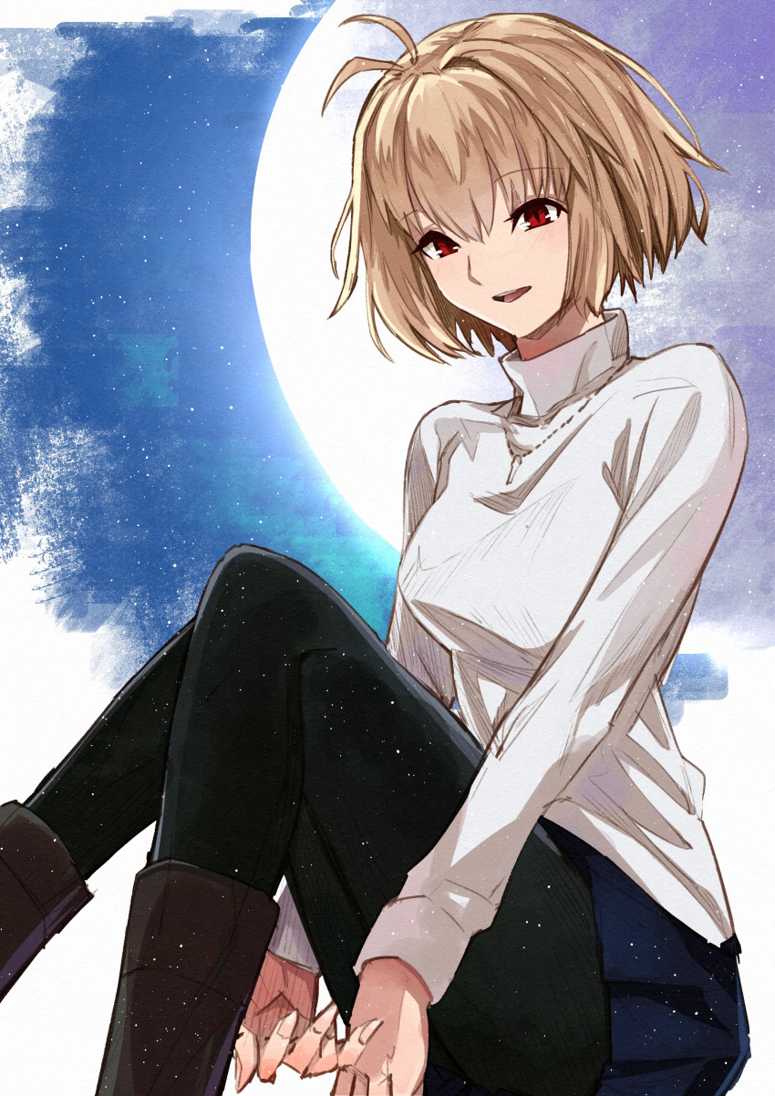 1girl absurdres antenna_hair arcueid_brunestud bangs black_legwear blonde_hair blue_skirt boots breasts eyebrows_visible_through_hair highres jewelry kanmiya_shinobu medium_breasts moon necklace open_mouth pantyhose red_eyes short_hair skirt solo sweater tsukihime turtleneck turtleneck_sweater white_sweater