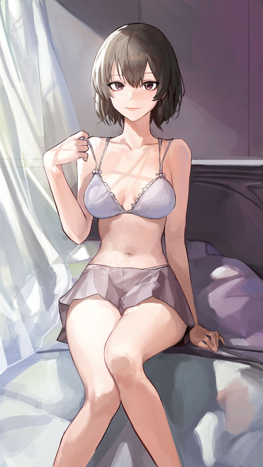 1girl absurdres bangs bed bow bow_bra bra brown_hair curtains feet_out_of_frame frilled_bra frills grey_skirt highres indoors light_smile looking_at_viewer mac_star navel original short_hair sitting skirt solo underwear violet_eyes white_bra