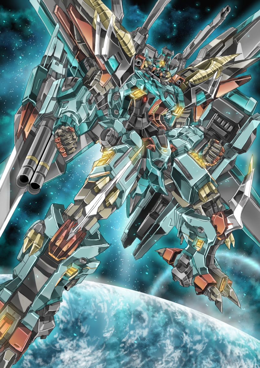 absurdres arm_blade arm_cannon blue_eyes clenched_hands floating garimpeiro glowing glowing_eyes highres looking_up making-of_available mecha mechanical_wings no_humans original planet science_fiction shoulder_cannon solo space weapon wings