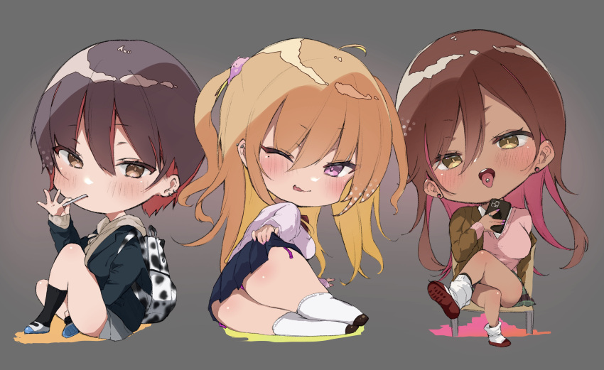 3girls absurdres ass biting_tongue blonde_hair blush breasts brown_hair chibi crossed_legs dark_skin gyaru highres kogal large_breasts long_hair looking_at_viewer loose_socks multiple_girls naughty_face open_mouth original piercing redhead school_uniform short_hair sitting thighs tongue_piercing two_side_up yamakonbu