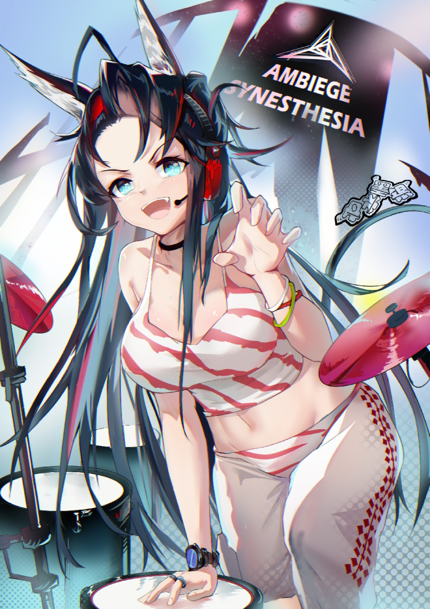 1girl :d animal_ears arknights arm_support bare_arms bare_shoulders black_choker black_hair blaze_(arknights) blaze_(burst_feline)_(arknights) blue_eyes breasts camisole cat_ears choker claw_pose crop_top dan_shuimo_yin drum drum_set fang forehead groin hand_up headphones headset highres instrument large_breasts long_hair looking_at_viewer midriff navel official_alternate_costume open_mouth pants smile solo spaghetti_strap stomach very_long_hair watch watch white_pants
