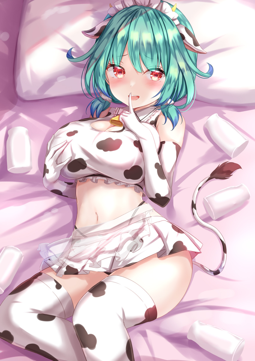 1girl :d alternate_breast_size animal_print bangs blush bottle breasts commentary_request cow_horns cow_print crop_top elbow_gloves feet_out_of_frame finger_to_mouth gloves green_hair highres hololive horns large_breasts looking_at_viewer lying maid_headdress medium_hair miniskirt on_back on_bed open_mouth pillow print_gloves print_legwear print_shirt print_skirt red_eyes scrunchie shirt shushing skirt smile solo thigh-highs uruha_rushia virtual_youtuber white_gloves white_legwear white_shirt white_skirt yuano