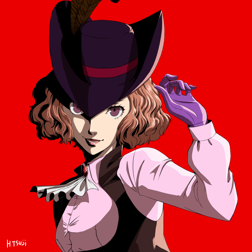 1girl :d ascot brown_feathers gloves hat hat_feather hayatetsujimoto highres lips long_sleeves looking_at_viewer okumura_haru open_mouth persona persona_5 pink_shirt purple_gloves purple_headwear red_background shirt simple_background smile solo upper_body violet_eyes white_neckwear