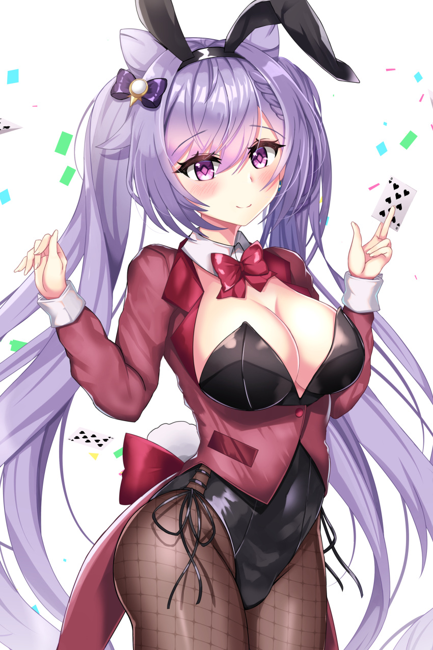 1girl absurdres animal_ears bangs black_legwear breasts bunny_tail card collar genshin_impact hair_ribbon highres jacket keqing_(genshin_impact) large_breasts long_hair playboy_bunny pocket purple_hair purple_ribbon rabbit_ears red_ribbon ribbon simple_background smile solo standing tail tia_(4017342) twintails very_long_hair violet_eyes