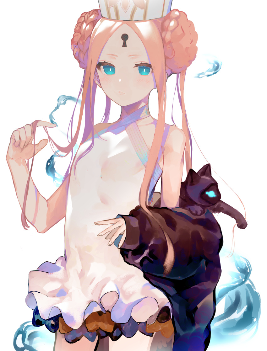 1girl abigail_williams_(swimsuit_foreigner)_(fate) absurdres animal bangs bare_shoulders black_jacket blue_eyes bow braid cat closed_mouth cowboy_shot double_bun fate/grand_order fate_(series) frilled_swimsuit frills hand_up highres holding jacket keyhole long_hair parted_bangs puffy_sleeves simple_background sleeves_past_wrists suzumetarou swimsuit very_long_hair white_background white_headwear white_swimsuit