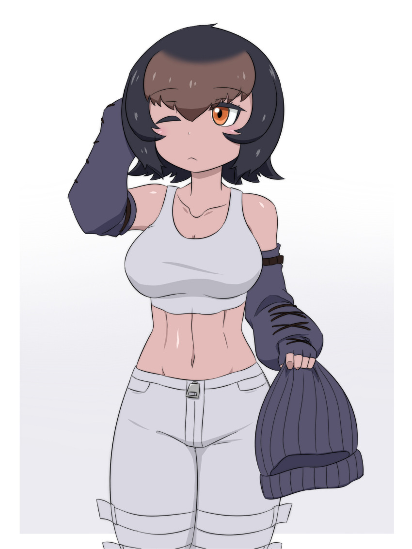 1girl arm_up bangs bare_shoulders beanie black_hair border brown_hair closed_mouth collarbone elbow_gloves expressionless eyebrows_visible_through_hair fingerless_gloves gloves gorilla_(kemono_friends) grey_background hat headwear_removed highres holding holding_clothes holding_hat kemono_friends looking_to_the_side medium_hair midriff multicolored_hair navel one_eye_closed orange_eyes pants shiny shiny_skin simple_background solo stomach tan tank_top toned tsukushi_(741789) two-tone_hair zipper_pull_tab