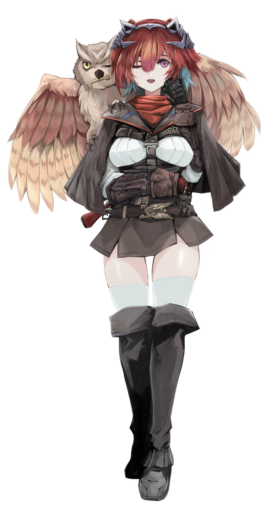 1girl absurdres animal_on_shoulder bird bird_on_shoulder black_footwear boots breasts capelet colored_inner_hair english_commentary gloves grey_capelet grey_skirt highres hololive hololive_english knee_boots looking_to_the_side medium_breasts multicolored_hair one_eye_closed open_mouth owl red_gloves short_hair skirt smile solo takanashi_kiara thigh-highs tiara_(takanashi_kiara) tunnarata violet_eyes white_background world_of_darkness