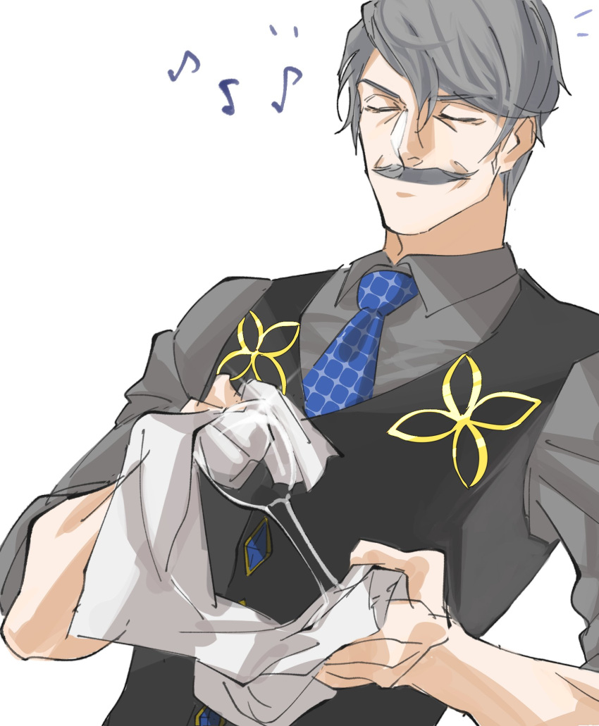 1boy black_vest blue_neckwear closed_eyes cup drinking_glass eighth_note facial_hair facing_viewer fate/grand_order fate_(series) grey_hair grey_shirt hair_between_eyes highres james_moriarty_(fate) male_focus musical_note mustache necktie shirt solo towel trstfx_(lina) upper_body vest wine_glass