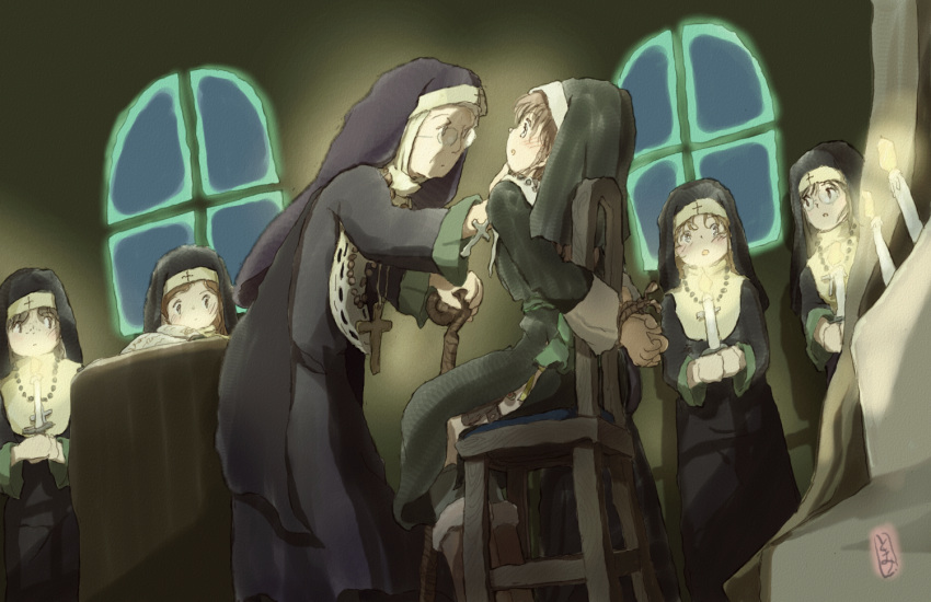 6+girls bound bound_arms candle cane chair cross cross_necklace dutch_angle habit hand_on_another's_face jewelry multiple_girls necklace nun old old_woman original sitting standing tomomi_(user_xtmw2443)