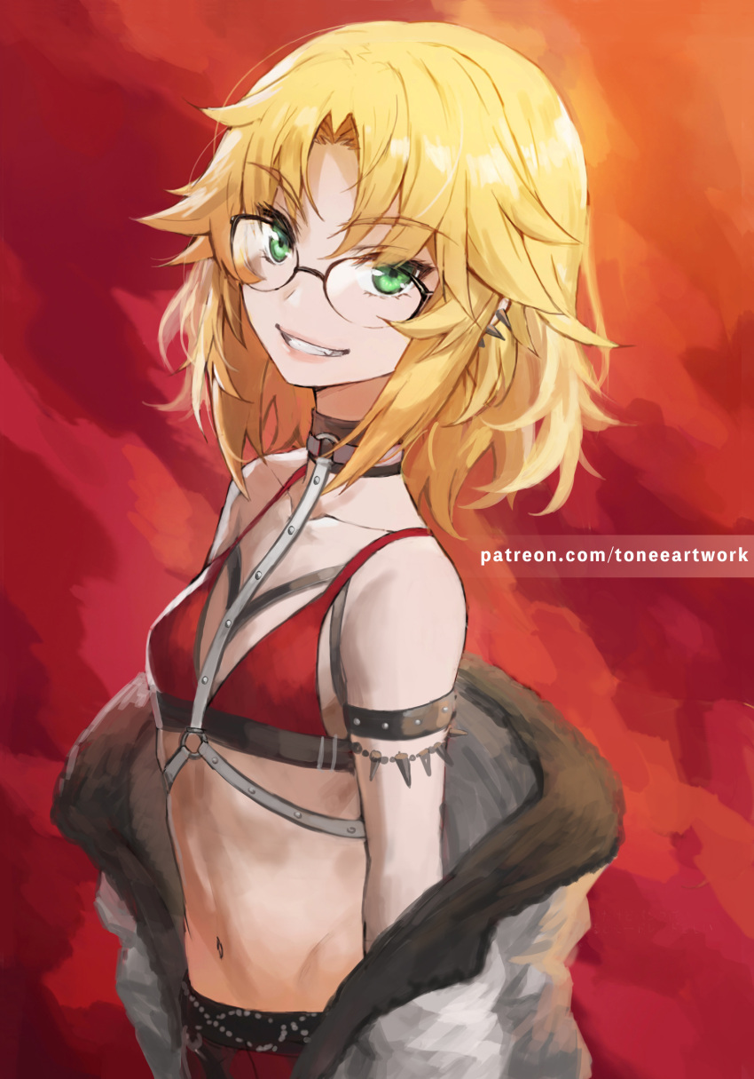 1girl absurdres alternate_hairstyle bespectacled bikini black_choker blonde_hair bracelet breasts chest_harness choker coat ear_piercing earrings fate/grand_order fate_(series) from_side glasses green_eyes grin harness highres jewelry looking_at_viewer looking_to_the_side medium_hair mordred_(fate) mordred_(fate)_(all) navel o-ring off_shoulder patreon_username piercing red_background red_bikini small_breasts smile solo stomach swimsuit tonee