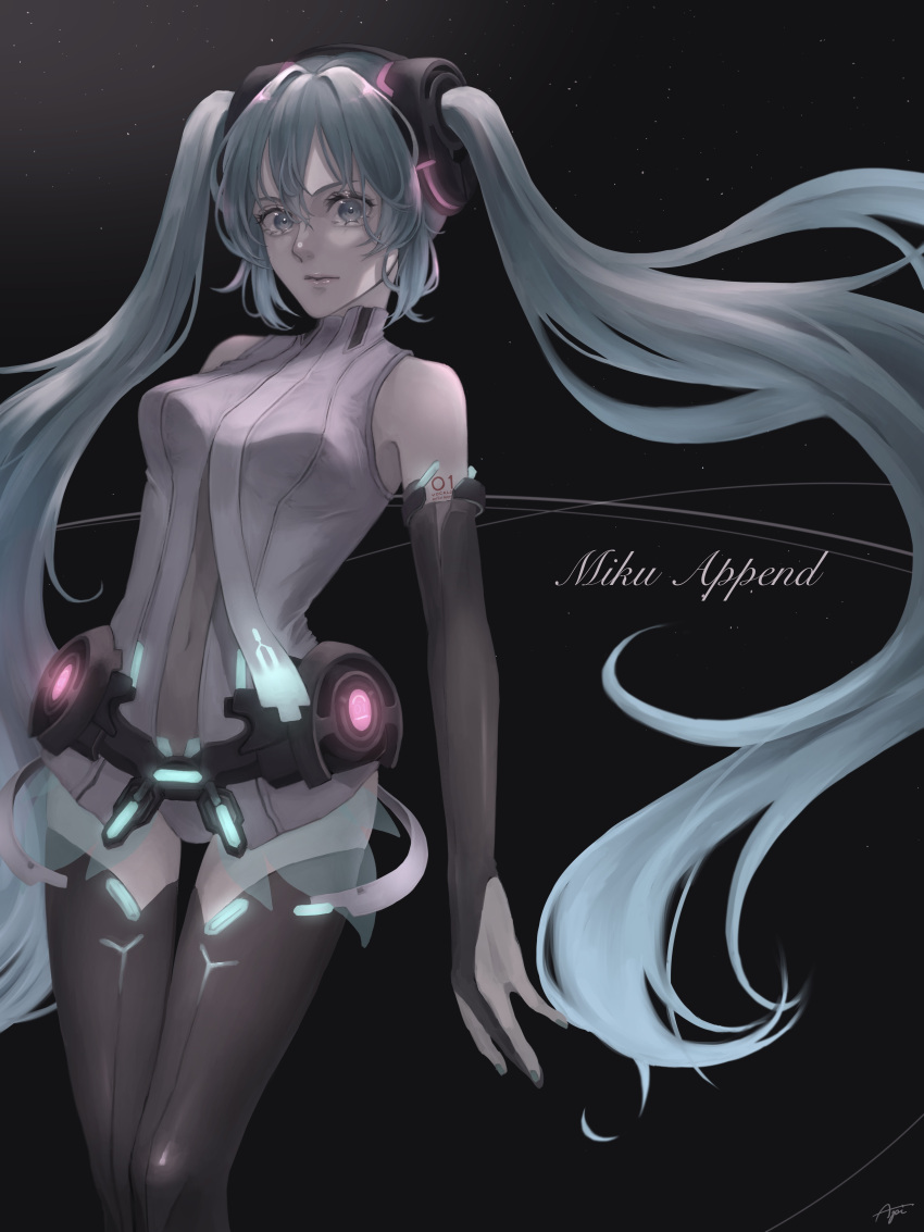 1girl absurdres api_6s bangs black_background black_legwear black_sleeves blue_eyes blue_hair character_name closed_mouth detached_sleeves floating_hair hair_between_eyes hair_intakes hair_ornament hatsune_miku highres leotard long_hair long_sleeves miku_append nail_polish solo standing thigh-highs twintails very_long_hair vocaloid vocaloid_append white_leotard