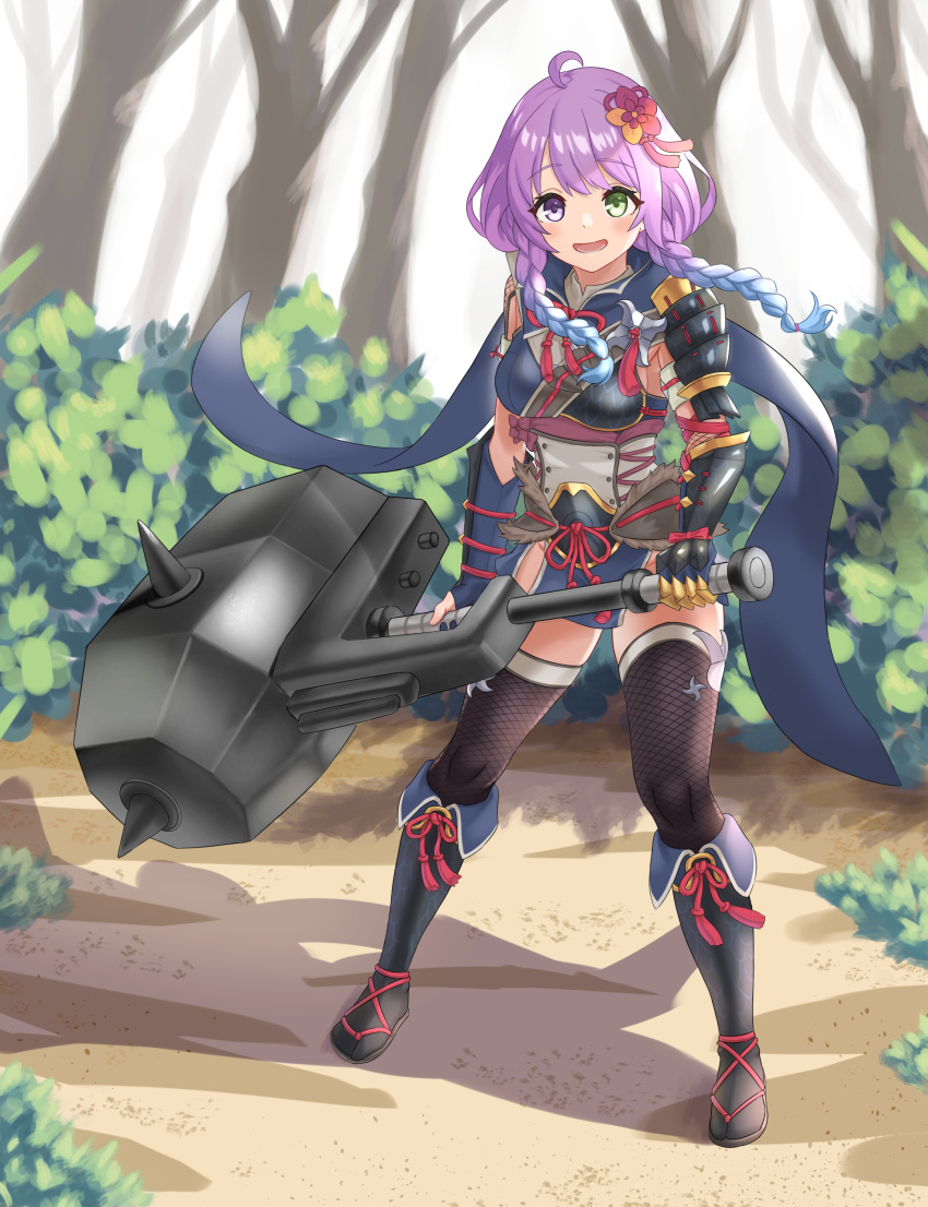 1girl absurdres ahoge armor black_legwear blush boots braid fishnet_legwear fishnets flower full_body gauntlets gradient_hair green_eyes hair_flower hair_ornament heterochromia highres himemori_luna holding holding_weapon hololive japanese_armor jiu_fanglianhua kamura_(armor) kanzashi knee_boots kote kurokote long_hair low_twin_braids monster_hunter_(series) monster_hunter_rise multicolored_hair muneate open_mouth pink_hair purple_hair scarf shoulder_armor smile sode tabi_boots thigh-highs twin_braids violet_eyes virtual_youtuber wavy_hair weapon