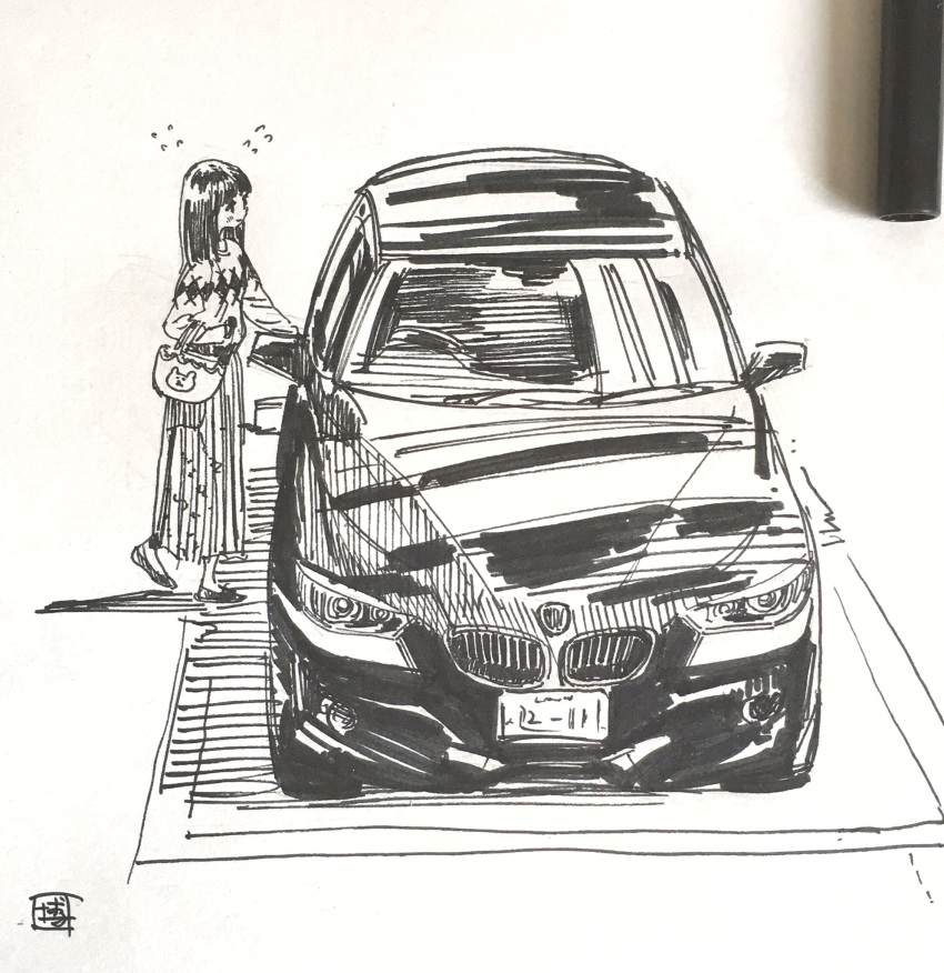1girl bag bangs car closed_mouth commentary_request flying_sweatdrops greyscale ground_vehicle highres hiro_(dismaless) license_plate long_hair long_sleeves monochrome motor_vehicle original photo_(medium) simple_background skirt solo standing sweater traditional_media