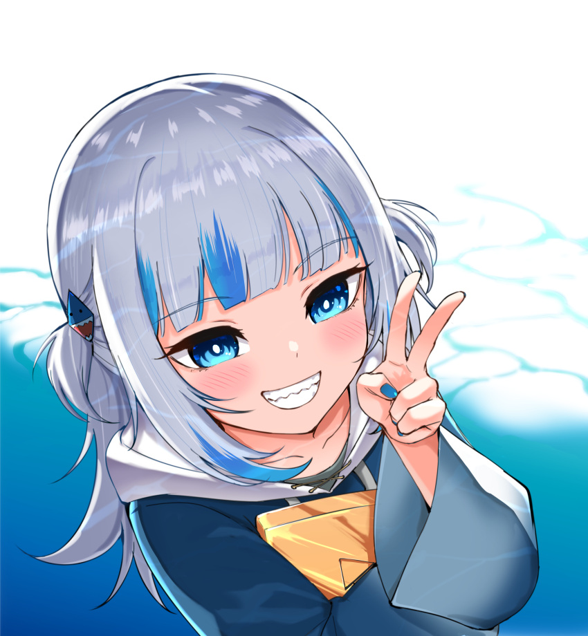 1girl blue_eyes blue_hair blue_nails collarbone commentary_request gawr_gura grin hair_ornament highres hololive hololive_english hood hoodie multicolored_hair shark_hair_ornament sharp_teeth silver_hair smile solo streaked_hair teeth two-tone_hair two_side_up upper_body v virtual_youtuber yuu201023