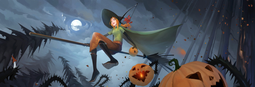1girl :d absurdres alette_(banner_saga) black_footwear bow_(weapon) broom broom_riding cape full_body full_moon green_cape green_eyes grey_sky haryarti hat highres jack-o'-lantern leaf long_hair moon open_mouth orange_hair outdoors quiver sidelocks sidesaddle smile solo the_banner_saga tree weapon witch_hat