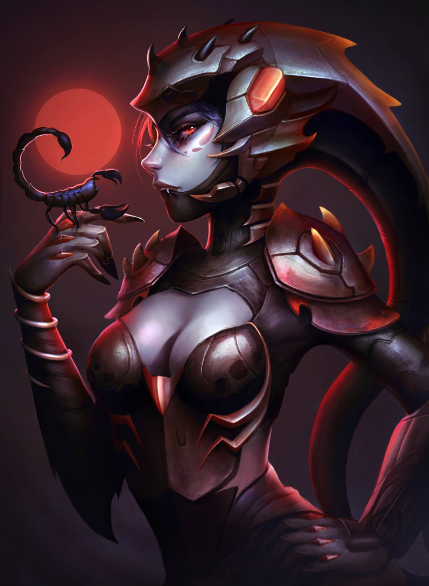 1girl alisa_nilsen bodysuit boobplate bracer breasts claw_ring cleavage_cutout clothing_cutout contrapposto fangs from_side grey_hair hand_on_hip hand_up helmet highres looking_at_viewer medium_breasts overwatch profile purple_hair red_eyes scorpion sideways_glance solo widowmaker_(overwatch)