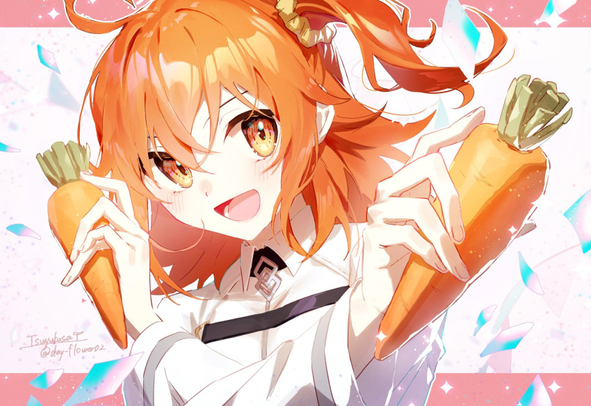 1girl bangs carrot dancing fate/grand_order fate_(series) food fujimaru_ritsuka_(female) hair_between_eyes highres holding holding_carrot holding_food open_mouth orange_eyes orange_hair ponytail shirt short_hair side_ponytail smile solo tsuyukusa_(eeta7273) upper_body