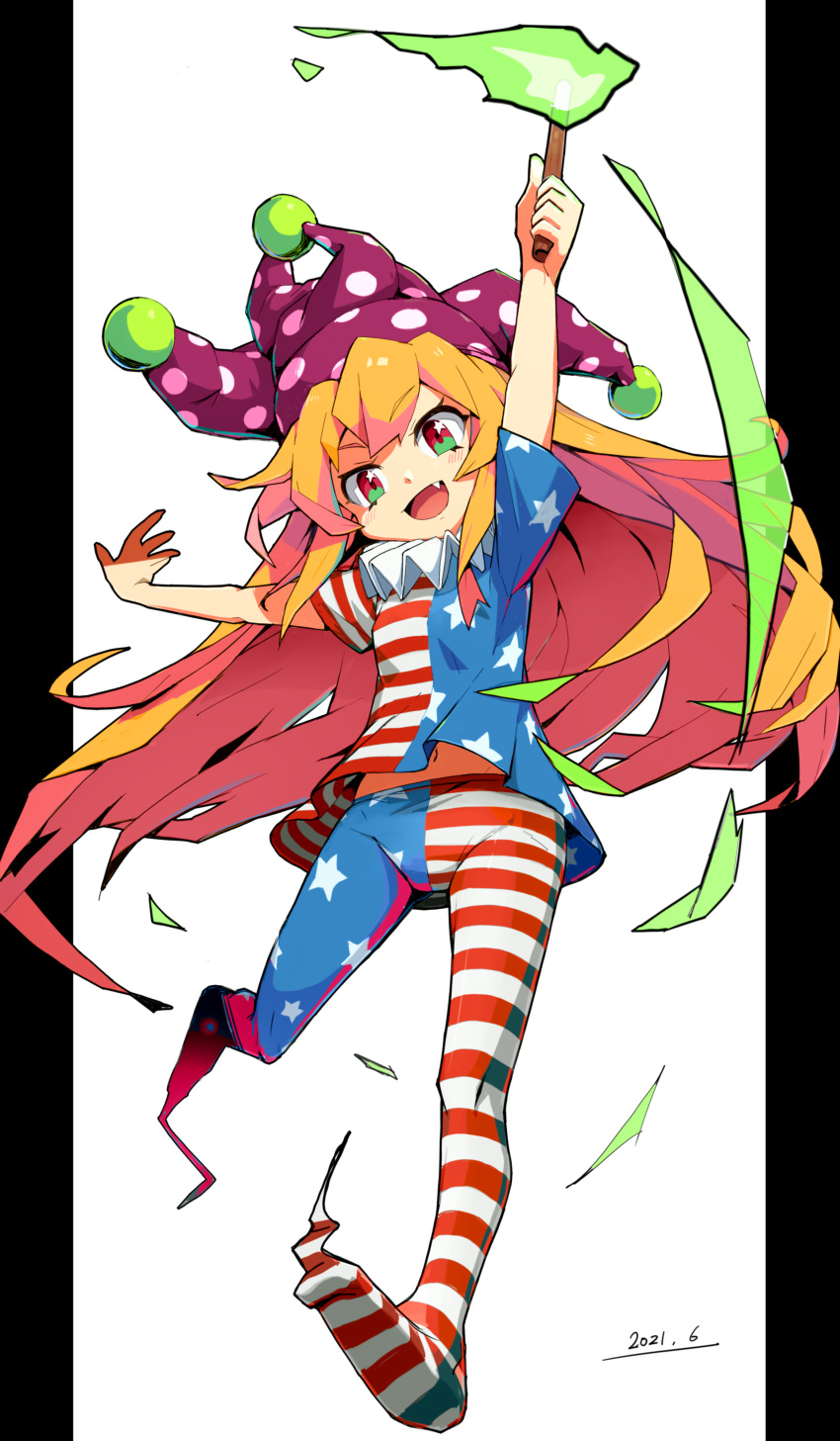 1girl absurdres american_flag_dress american_flag_legwear arm_up blonde_hair clownpiece dated dress fairy_wings fang full_body hat highres holding jester_cap long_hair looking_at_viewer midriff_peek navel neck_ruff open_mouth pantyhose polka_dot purple_headwear ranka_(tonbo) red_eyes short_sleeves simple_background smile solo star_(symbol) star_print striped torch touhou very_long_hair white_background wings