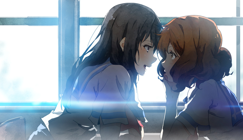 black_hair blue_sailor_collar blush brown_eyes brown_hair chair classroom couple curly_hair desk eye_contact eyebrows_visible_through_hair face-to-face from_side hair_between_eyes hand_on_own_chin head_rest hibike!_euphonium highres kataru_(ubw-emiya) kitauji_high_school_uniform kousaka_reina leaning_forward leaning_on_object lens_flare long_hair looking_at_another neckerchief open_mouth oumae_kumiko sailor_collar school_chair school_desk school_uniform serafuku short_hair short_sleeves sidelocks sitting talking upper_body violet_eyes window yuri