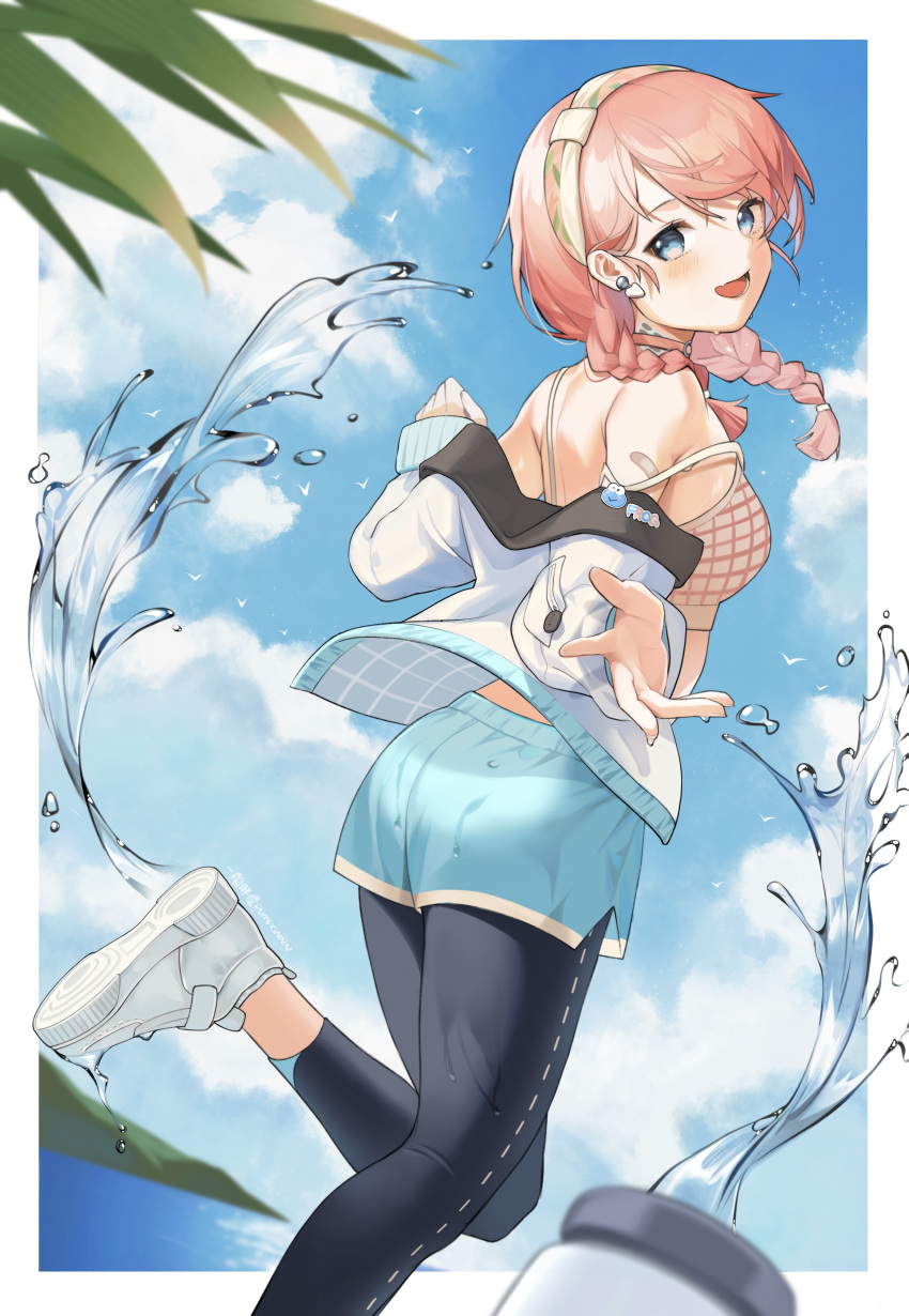1girl :d absurdres arknights ass bandaid bandaid_on_arm bangs bare_shoulders black_pants blue_eyes blue_poison_(arknights) blue_poison_(shoal_beat)_(arknights) blue_shorts blue_sky blush braid camisole chinese_commentary clouds commentary_request crop_top day earrings hairband highres jewelry leggings long_hair looking_at_viewer midriff off_shoulder open_mouth outdoors pants pink_hair pumpkinnn shoes short_shorts shorts sky smile sneakers solo spaghetti_strap sports_bra standing standing_on_one_leg strap_slip twin_braids water white_footwear