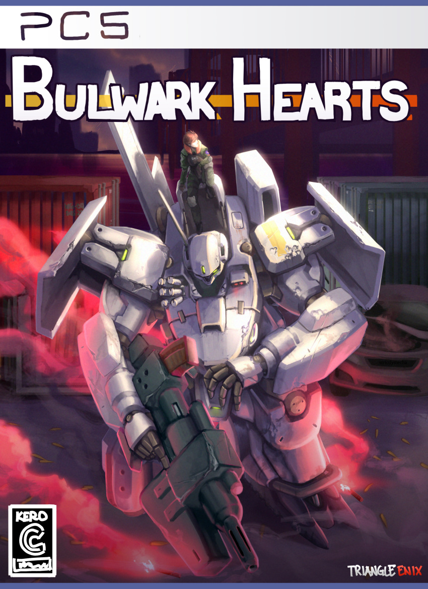 1girl absurdres bangs brand_name_imitation brown_hair cero fake_box_art green_eyes highres looking_down mecha open_hand original science_fiction short_hair sitting solo_focus square_enix strictly_mecha
