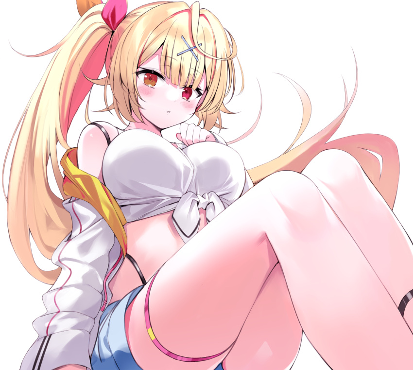 1girl bangs blonde_hair blue_shorts blush breasts brown_eyes brown_ribbon commentary_request eyebrows_visible_through_hair feet_out_of_frame hair_ornament hair_ribbon hairclip hand_up heterochromia highleg highleg_panties highres hood hood_down hooded_jacket hoshikawa_sara jacket knees_up kuhotaka large_breasts long_hair long_sleeves looking_at_viewer midriff nijisanji off_shoulder open_clothes open_jacket panties parted_lips pink_ribbon red_eyes ribbon short_shorts shorts side_ponytail simple_background sitting sleeves_past_wrists solo tank_top underwear very_long_hair virtual_youtuber white_background white_jacket white_tank_top x_hair_ornament
