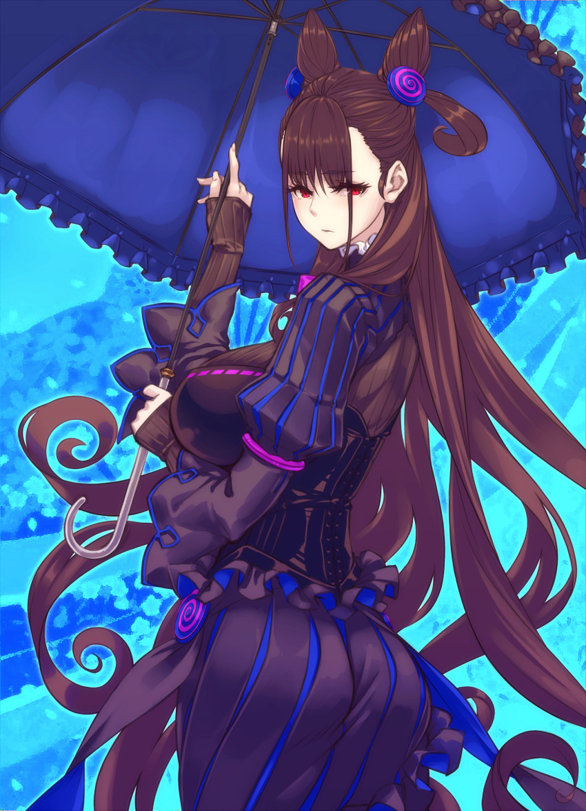 1girl ass back bangs blunt_bangs blush breasts brown_hair closed_mouth collar corset curly_hair curvy dress elbow_gloves fate/grand_order fate_(series) frilled_collar frilled_dress frills gem gloves hair_cones hair_ornament hayama_kazusa high_collar highres large_breasts long_hair long_sleeves murasaki_shikibu_(fate) parasol red_eyes solo tight tight_dress umbrella very_long_hair