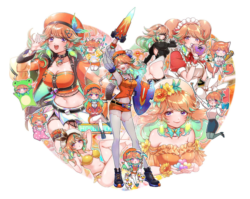 baby bare_shoulders bikini bird bow_choker chef_hat chicken chicken_leg cosplay covered_eyes earrings feather_earrings feathers gradient_hair hat heart_challenger highres hololive hololive_english holotalk jewelry kfp kotori_(takanashi_kiara) mamaloni minecraft multicolored_hair multiple_persona nier_(series) nier_automata orange_hair orange_headwear phoenix swimsuit takanashi_kiara virtual_youtuber yorha_no._2_type_b yorha_no._2_type_b_(cosplay) younger