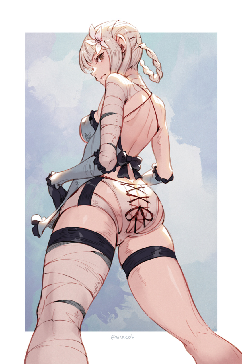 1girl ass backless_outfit bandaged_arm bandaged_leg bandaged_neck bandages bangs breasts brown_eyes flower gloves hair_flower hair_ornament highres jiro_(ninetysix) kaine_(nier) lingerie looking_at_viewer looking_back lunar_tear medium_breasts negligee nier nier_(series) short_hair silver_hair simple_background solo thigh_strap underwear