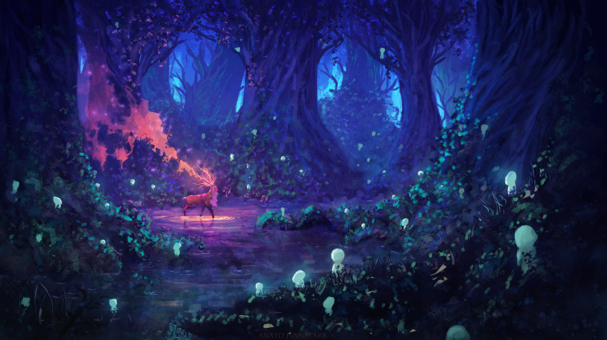 absurdres anato_finnstark artist_name blue_theme commentary creature deer english_commentary forest highres mononoke_hime nature no_humans pond ripples river scenery tree