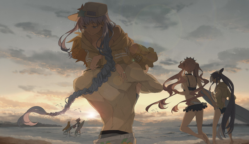 1boy 5girls ahoge animal bare_back bare_legs bare_shoulders barefoot bb_(fate)_(all) bb_(swimsuit_mooncancer)_(fate) beach bikini bird black_hair blonde_hair braid braided_ponytail breasts clouds coat dusk fate/grand_order fate_(series) hat holding holding_surfboard horns ibaraki_douji_(fate) ibaraki_douji_(swimsuit_lancer)_(fate) jeanne_d'arc_(alter_swimsuit_berserker)_(fate) jeanne_d'arc_(fate)_(all) long_hair medb_(fate)_(all) medb_(swimsuit_saber)_(fate) mono_(freerotary) multiple_girls ocean oni_horns pink_hair ponytail purple_hair robin_hood_(fate) short_hair shorts silver_hair sitting sitting_on_person skirt sky surfboard swimsuit twintails ushiwakamaru_(fate) ushiwakamaru_(swimsuit_assassin)_(fate) violet_eyes