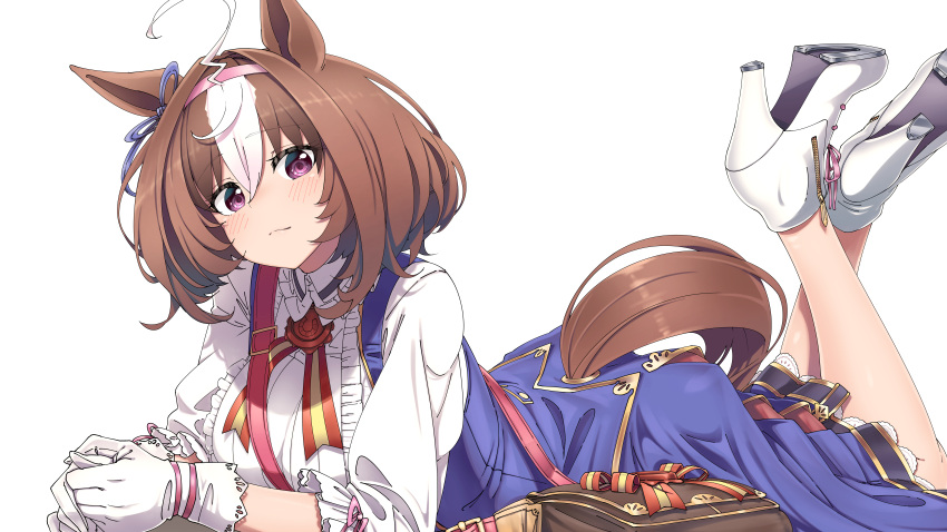 1girl absurdres ahoge animal_ears blush brown_hair closed_mouth gloves highres horse_ears horse_girl horse_tail huge_filesize looking_at_viewer lying meisho_doto_(umamusume) multicolored_hair on_stomach pink_headband red_neckwear red_ribbon ribbon shinomu_(cinomoon) shoes short_hair simple_background solo streaked_hair tail umamusume uniform violet_eyes white_background white_footwear white_gloves white_hair