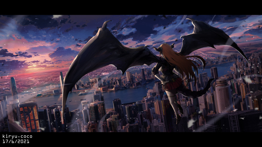 1girl absurdres ahoge architecture bow building city cityscape dated dragon_girl dragon_horns dragon_tail dragon_wings flying highres hololive horn_bow horns kiryu_coco landscape long_hair orange_hair outdoors pointy_ears rooftop scenery sky skyline tail virtual_youtuber vyragami wings
