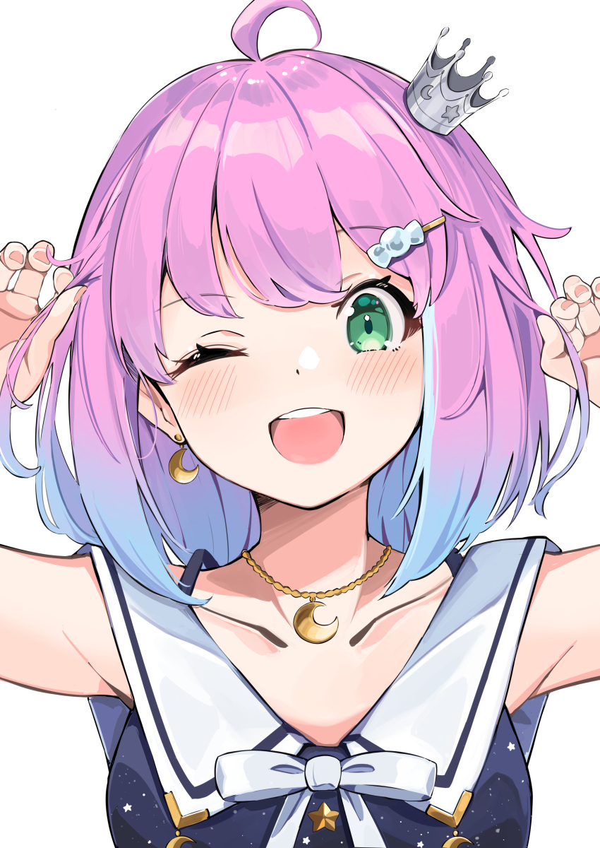 1girl absurdres ahoge anbasa_(amaneyuz13) arms_up blue_dress blush candy_hair_ornament collarbone commentary crescent crescent_earrings crescent_necklace crown dress earrings food-themed_hair_ornament gradient_hair green_eyes hair_ornament hairclip highres himemori_luna holding holding_hair hololive jewelry light_blue_hair looking_at_viewer mini_crown multicolored_hair official_alternate_costume one_eye_closed open_mouth pink_hair portrait ribbon sailor_collar short_hair simple_background sleeveless sleeveless_dress smile solo starry_sky_print two-tone_hair virtual_youtuber white_background white_ribbon