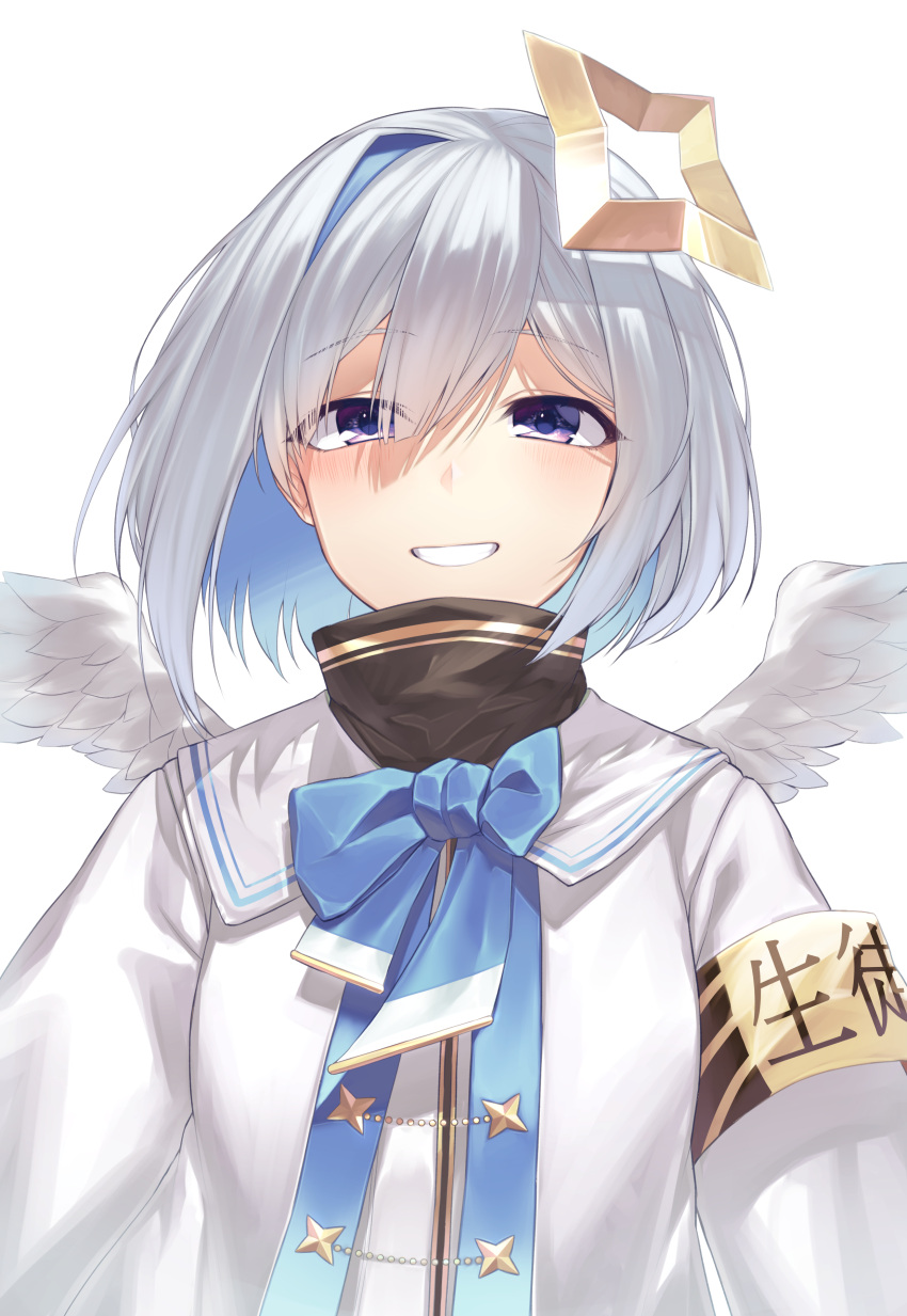 1girl absurdres amane_kanata angel angel_wings armband asymmetrical_bangs asymmetrical_hair bangs blue_hair blue_neckwear bob_cut bow bowtie breasts ckhd colored_inner_hair feathered_wings gradient gradient_wings grey_jacket grin hair_over_one_eye halo highres hololive jacket long_sleeves looking_at_viewer mini_wings multicolored multicolored_hair multicolored_wings sailor_collar short_hair silver_hair single_hair_intake smile solo star_halo turtleneck upper_body violet_eyes virtual_youtuber white_background white_wings wings