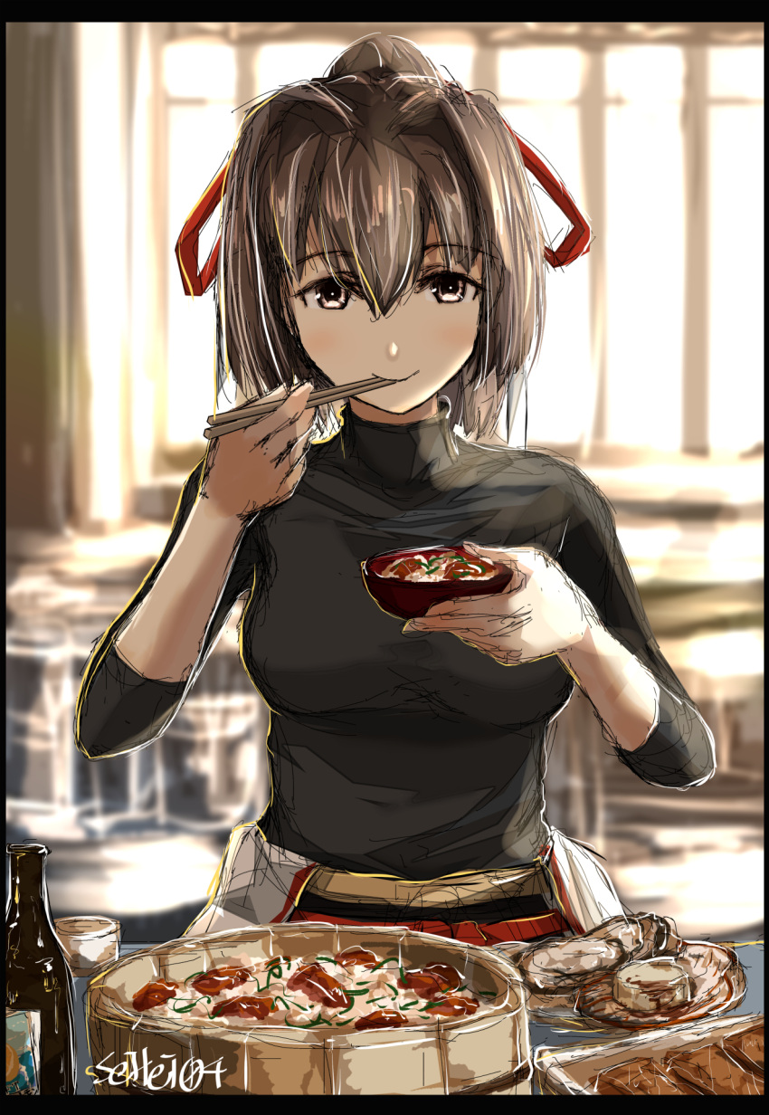 black_undershirt border breasts brown_eyes brown_hair food food_focus hair_ribbon highres ise_(kancolle) kantai_collection long_sleeves meal medium_breasts red_ribbon ribbon seitei_(04seitei) short_hair sketch