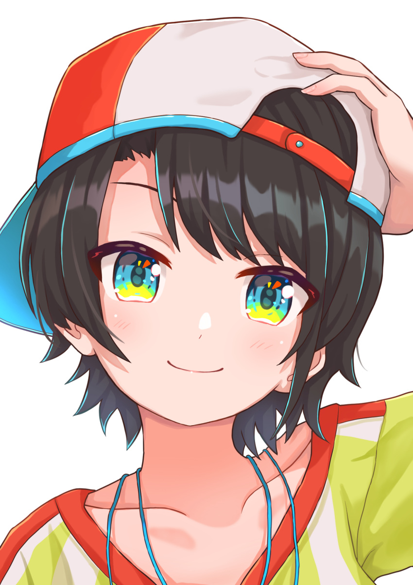 1girl aqua_eyes backwards_hat bangs baseball_cap blush brown_hair close-up closed_mouth collarbone commentary_request hand_on_headwear hat highres hololive looking_at_viewer oozora_subaru portrait red_headwear shiny shiny_hair shirt short_hair simoumi_217 simple_background smile solo striped striped_shirt swept_bangs t-shirt two-tone_headwear vertical-striped_shirt vertical_stripes virtual_youtuber white_background white_headwear white_shirt yellow_shirt
