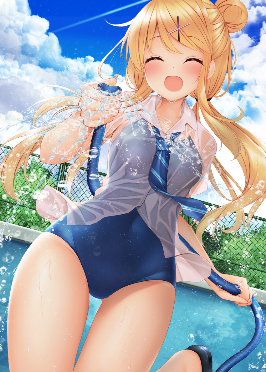 1girl blonde_hair blue_neckwear blue_swimsuit blush bow bow_panties bra closed_eyes clouds cloudy_sky collared_shirt commentary_request day eyebrows_visible_through_hair facing_viewer fence hair_between_eyes hair_ornament hairclip highres holding_hose hose kin-iro_mosaic kujou_karen leg_up long_hair low_twintails minato_ojitan navel necktie open_mouth panties pool revision see-through shirt sky slippers solo swimsuit swimsuit_under_clothes tree twintails underwear water wet wet_clothes white_bra white_shirt x_hair_ornament