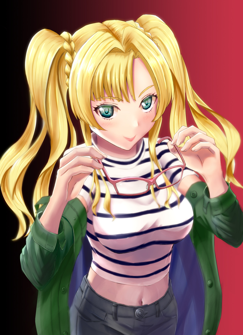 1girl artist_request bangs blonde_hair blue_eyes blush breasts granblue_fantasy hair_intakes hair_ornament hairband highres jacket long_hair long_sleeves looking_at_viewer pants shirt simple_background smile solo striped striped_shirt sunglasses twintails vertical-striped_shirt vertical_stripes zeta_(granblue_fantasy)