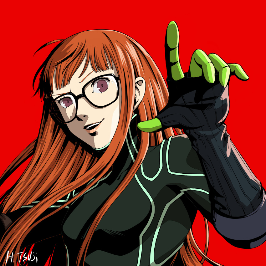 1girl :d artist_name black-framed_eyewear bodysuit breasts brown_hair glasses hayatetsujimoto highres long_hair open_mouth persona persona_5 red_background sakura_futaba shiny shiny_hair simple_background small_breasts smile solo straight_hair upper_body very_long_hair violet_eyes