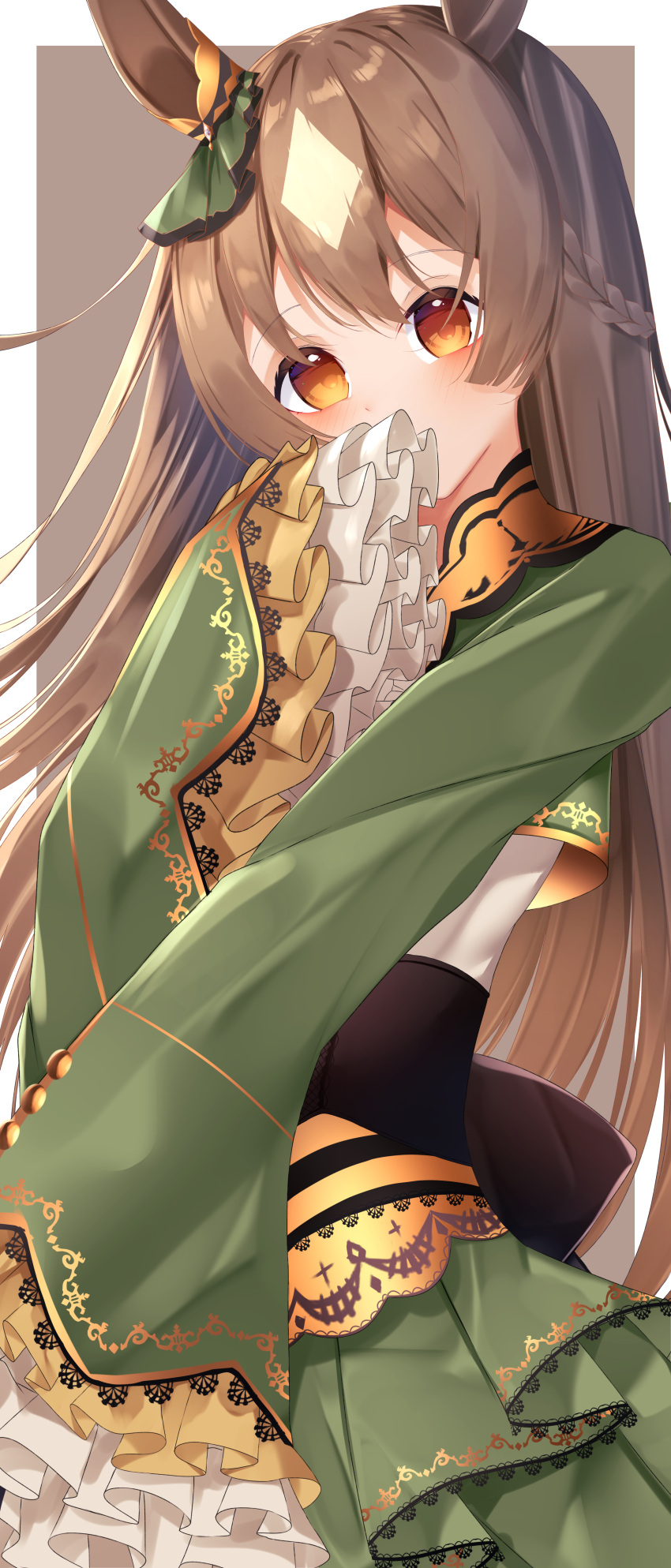 1girl absurdres animal_ears bangs blush braid brown_background brown_eyes brown_hair commentary_request covered_mouth eyebrows_visible_through_hair green_jacket green_skirt hair_between_eyes highres horse_ears jacket layered_skirt long_hair long_sleeves looking_at_viewer pleated_skirt satono_diamond shirt skirt sleeves_past_fingers sleeves_past_wrists solo suisen-21 two-tone_background umamusume very_long_hair white_background white_shirt wide_sleeves